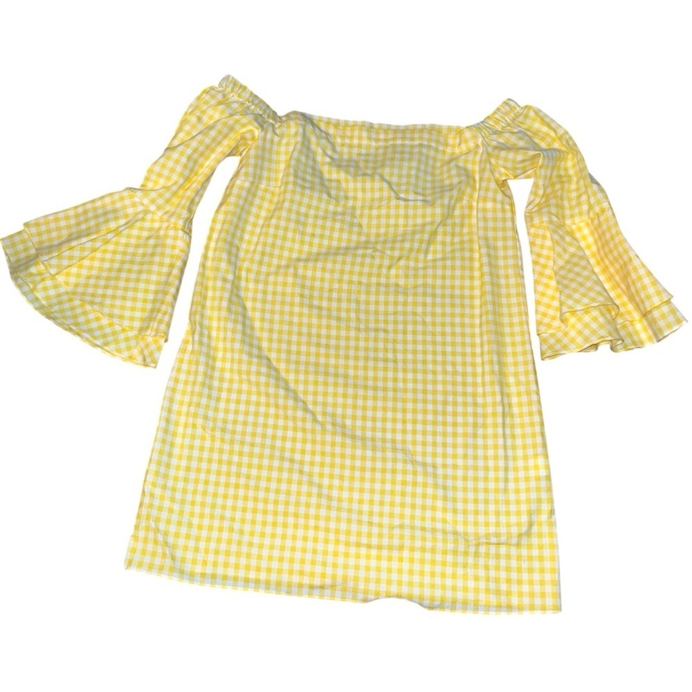 Amanda Uprichard Yellow Gingham Off-Shoulder Mini with Bell Sleeves